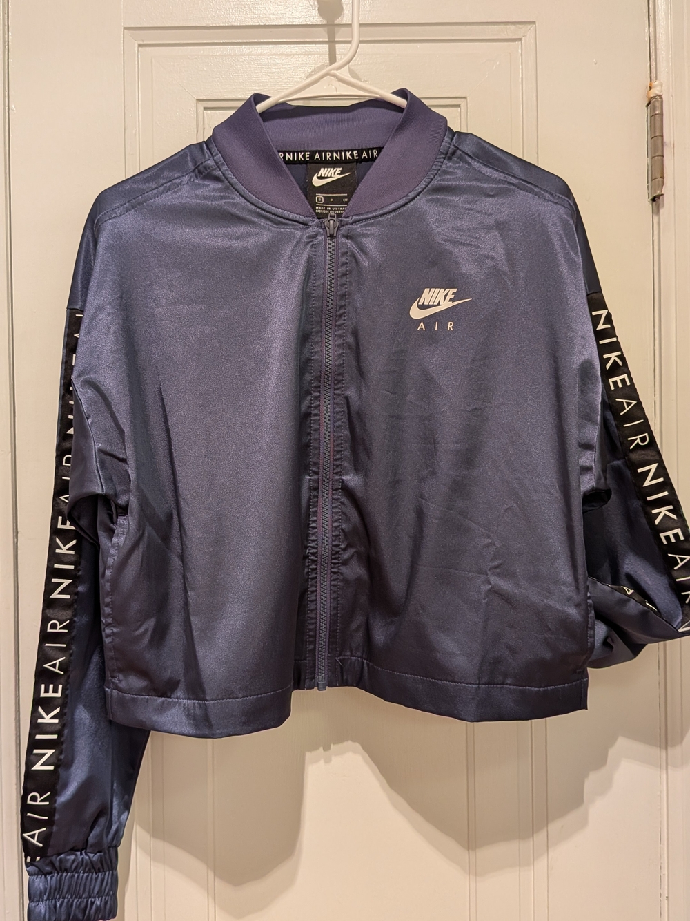 Nike Women's Satin Bomber Jacket — Slate Blue with Black Sleeve Tape